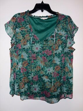 LC Lauren Conrad Green Floral V-Neck Blouse with Pink Accents